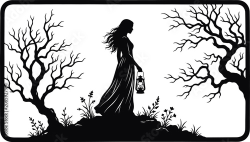Tablou pe pânză Mystical Woman Silhouette Holding Lantern Between Bare Trees, Gothic Halloween N