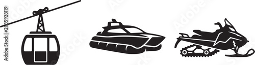 Foto Winter sports vehicles, ski lift, jet ski, snowmobile icons, black isolated on T