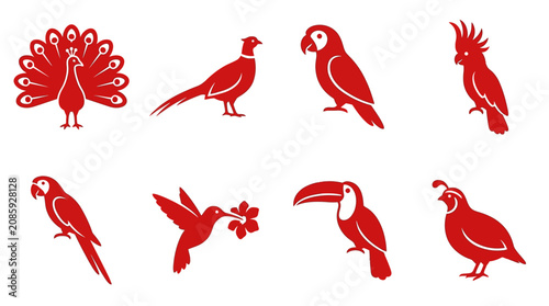 Fényképezés Red Bird Silhouettes: Peacock, Parrot, Toucan, Hummingbird, Pheasant, Cockatoo,