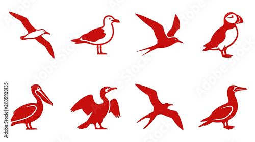 Foto Set of Red Bird Silhouettes Icons: Seagull, Puffin, Pelican, Tern, Cormorant