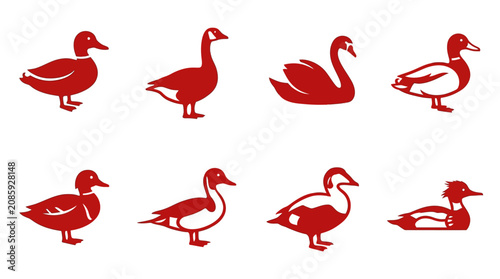 Fotografija Set of Red Bird Silhouettes: Ducks, Goose, Swan Icons on White Background