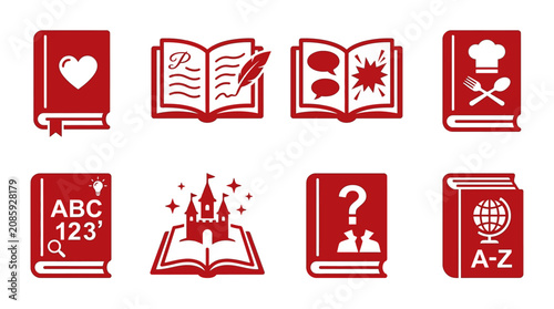 Bild auf Leinwand Collection of Red Book Icons: Love, Learning, Ideas, Cooking, Fantasy, Mystery,