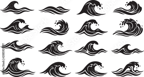 Schilderij op canvas Ocean wave icons, black vector waves, sea swells, water graphics isolated on Tra