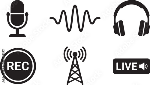 Tableau sur toile Audio icons, recording symbols, live broadcast signs, sound wave graphics isolat