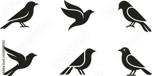 Collection of six black bird silhouettes in various poses on beige background