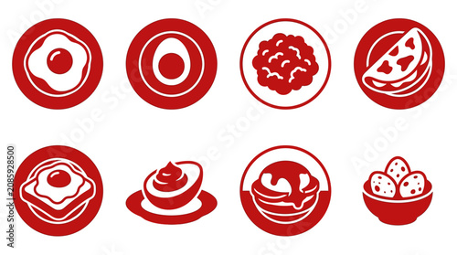 Fotografía Breakfast Food Icons: Fried Egg, Boiled Egg, Scrambled Eggs, Pizza Slice, Toast,