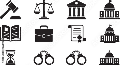 Fotografie Law, justice, court icons, 10 black vector symbols isolated on Transparent Backg