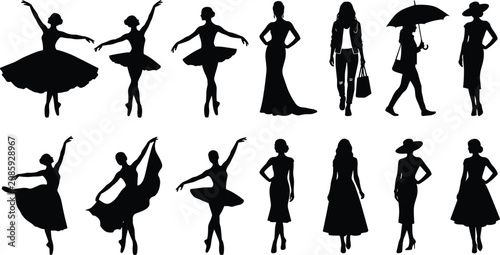 Foto Set of ballerina and woman fashion silhouettes in diverse elegant poses