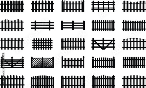Photography Rustic timber fence collection silhouette vector set of farm and garden boundary