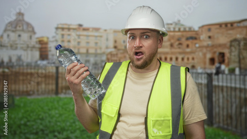 Obraz na płótnie Man engineer holding water bottle at roman ruins building, mouth open in shocked expression; thirst heat surprise