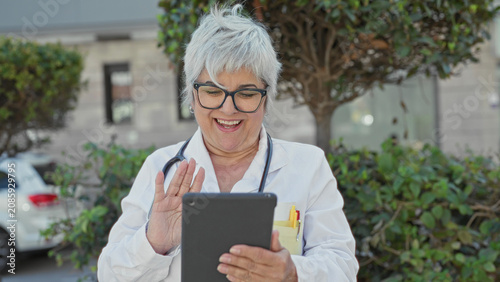 Fotografija Woman doctor with stethoscope tapping a tablet, smiling and waving on a city street; friendly telemedicine care