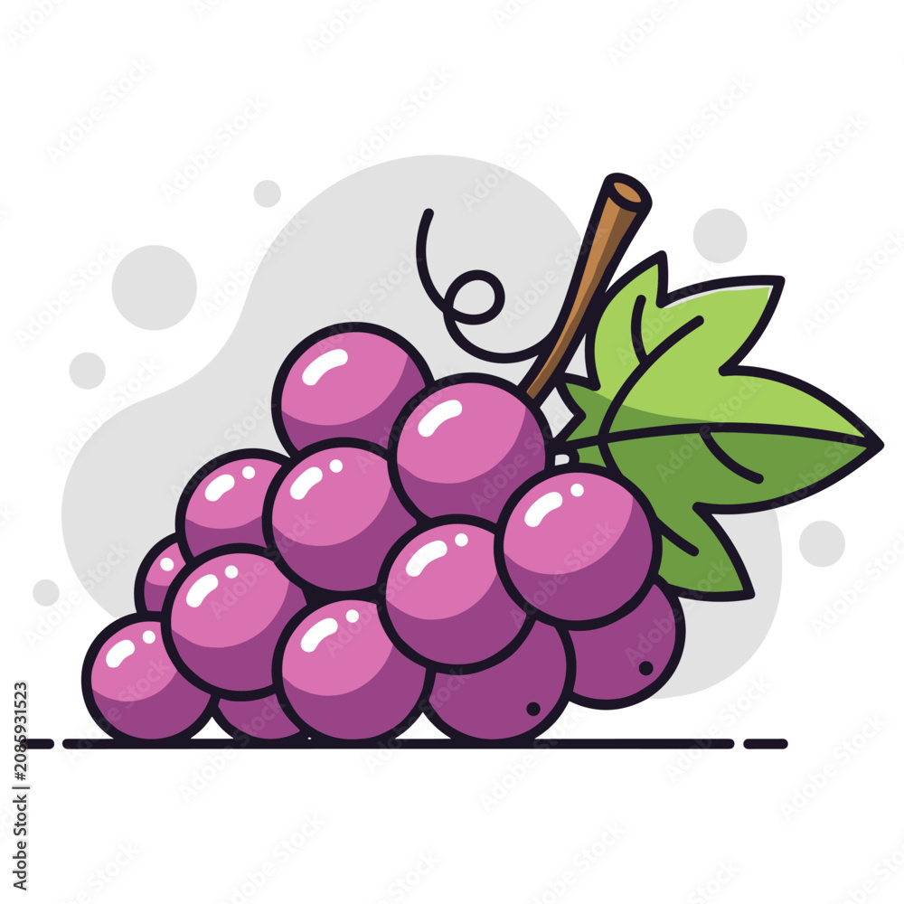 Obraz premium Cluster of grapes attached to stem with single leaf. non editable strokes