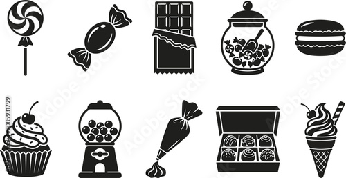 Bild auf Leinwand Sweet Candy Confectionery Dessert Icon Set with Lollipop Chocolate Bar Cupcake G
