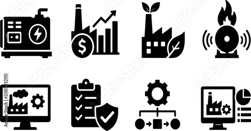 Comprehensive Industrial Vector Icon Pack for Manufacturing Excellence, Sustainable Green Energy Factory, Fire Safety Alarms, Smart Monitoring Systems, and Business Data Analytics Graphics.