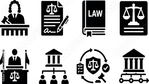 Tableau sur toile Legal and Justice Vector Icon Set Featuring Judge Gavel Law Book Scales of Justi