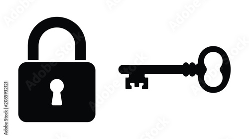 Padlock And Key Silhouette On A White Background