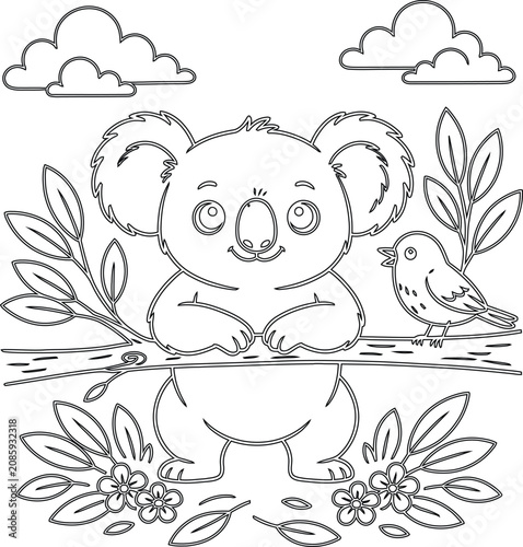 Cute koala sitting on a branch with a bird for coloring