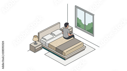 Isometric illustration of man sitting on bed looking out window