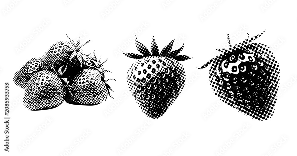 Fototapeta premium Strawberries arranged in halftone dot pattern on white. not ideal dots