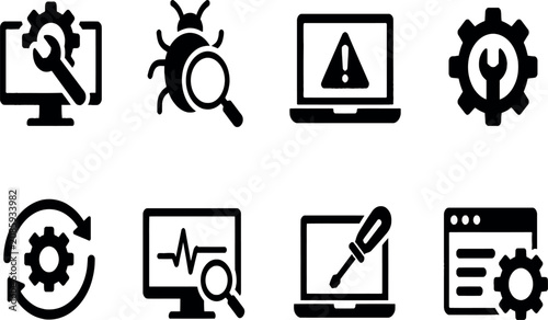 Essential Computer Repair and Software Debugging Vector Icon Set for IT Support Featuring Hardware Maintenance, System Error Alerts, Laptop Service Tools, and Web Configuration Symbols