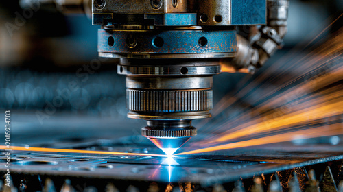 Macro close-up of a precision CNC laser cutting head nozzle hovering over a flat steel sheet, bright blue-white laser beam cutting a glowing orange line across the metal surface