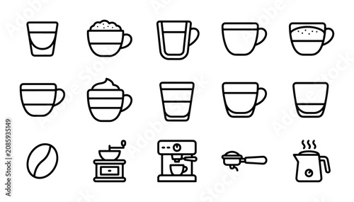 Cuadro en lienzo Coffee Icons Set, Espresso Machine, Grinder, Beans, Cups, Hot Drinks Vector Grap
