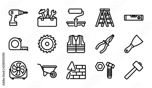 Konstfotografi Construction Tools Icons Set, DIY Home Improvement Vector Graphics, Building Ind