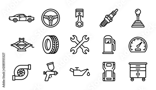 Foto Automotive Icons Set: Car Parts, Tools, and Service Equipment Vector Graphics