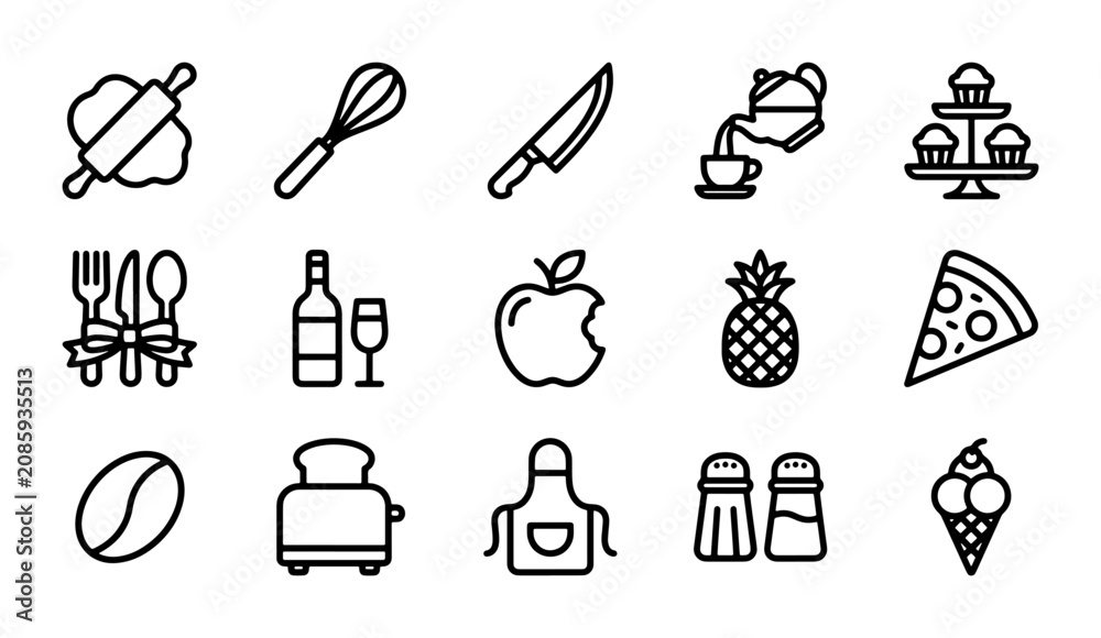 Fototapeta premium Kitchen Utensils & Food Icons Set: Cooking, Baking, Dining, and Refreshments Vector Graphics