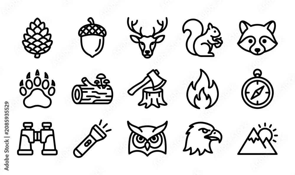 Fototapeta premium Nature Icons Set: Forest Animals, Camping Gear, Outdoor Adventure Symbols, Vector Graphics