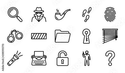Detective Icons Set, Investigation Symbols, Mystery Clues, Crime Solving Vector Graphics