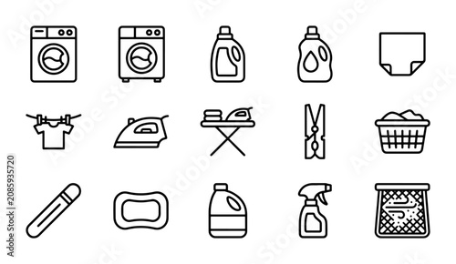 Laundry Icons Set, Washing Machine, Detergent, Ironing, Clothesline, Vector Graphics