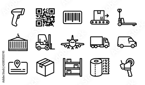 Cuadro en lienzo Logistics Icons Set: Shipping, Delivery, Warehouse, Transport, Barcode, QR Code,