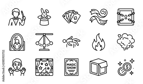 Foto Magic Show Icons, Illusionist Symbols, Conjuring Elements, 15 Vector Graphics fo