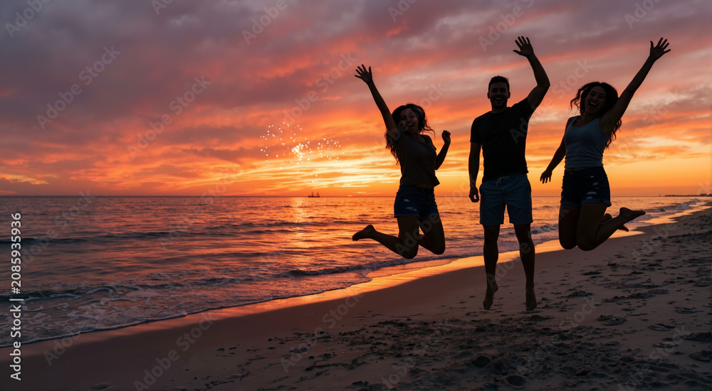 Fototapeta premium Silhouettes of three smiling friends jumping in the air on a sandy beach at sunset. Young adults celebrating summer vacation with ocean and distant fireworks in the background. 4th of July concept