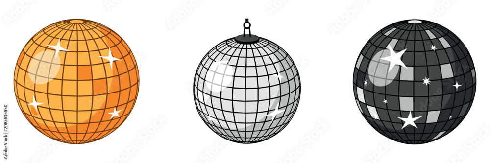 Obraz premium Three disco balls in gold silver and black on white background