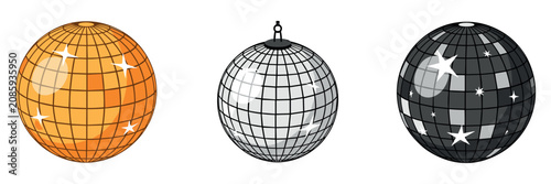 Three disco balls in gold silver and black on white background