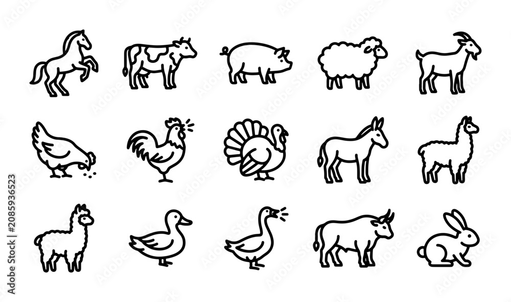 Fototapeta premium Farm Animal Icons Set, Livestock Vector Graphics, Countryside Creatures Collection