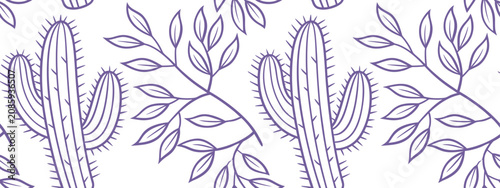Cactus seamless pattern with botanical line art and leafy branches. Minimal desert floral vector background for fabric, wallpaper, wrapping, textile and surface print design.