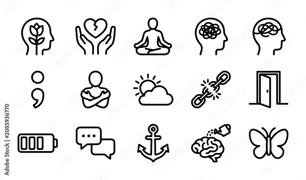 Fototapeta premium Mental Health Icons Set: Brain, Heart, Emotions, Therapy, Wellness, Mindfulness, Support, Growth