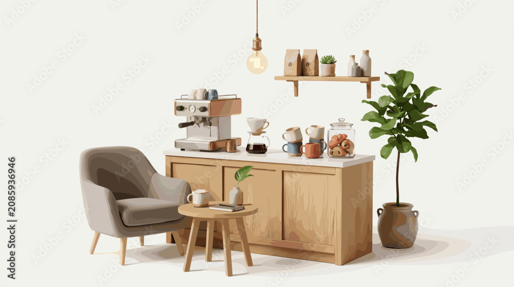 Fototapeta premium Cozy Coffee Corner with Espresso Machine Armchair and Pastries