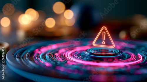 A glowing warning alert of a security breach on a vivid neon interface cyber risk compliance problem error detection data protection concept technology with copy space
