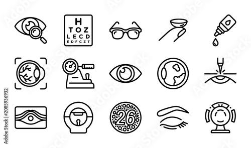 Tableau sur toile Ophthalmology Icons Set, Eye Care Symbols, Vision Health Equipment, Optometry Co
