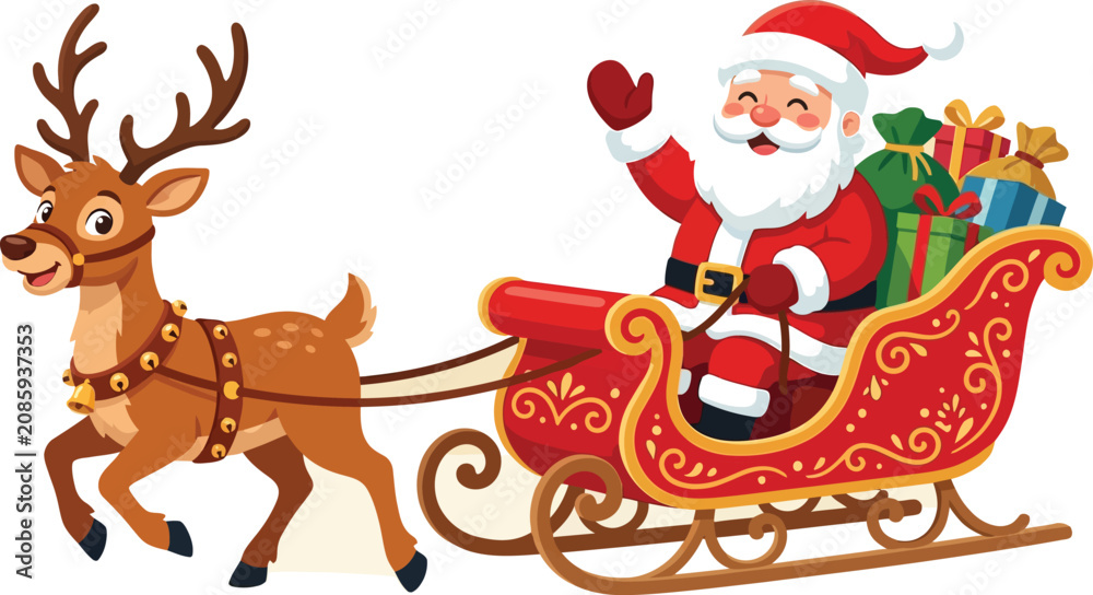 Fototapeta premium Santa Claus And Reindeer In Sleigh Vector Illustration