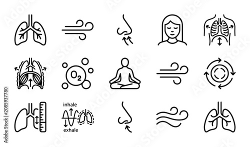 Obraz na płótnie Breathing Icons: Lungs, Nose, Airflow, Oxygen, Meditation, Human Anatomy Vector
