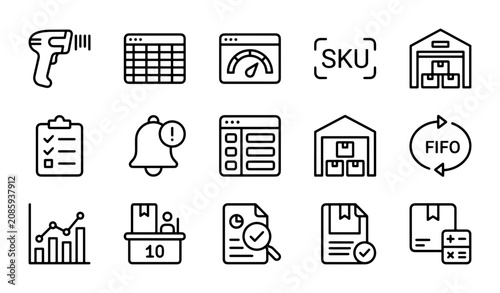 Warehouse Management Icons: Inventory, Logistics, Barcode Scanner, FIFO, SKU, Data Analytics