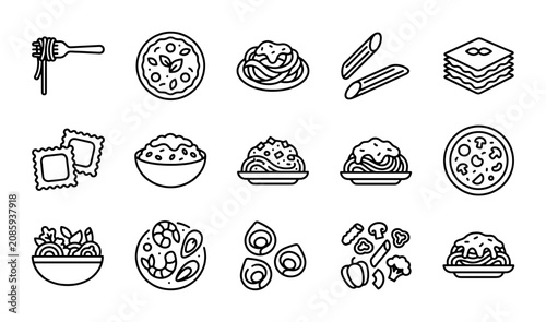 Italian Food Icons: Pasta, Pizza, Ravioli, Seafood, Vegetables, Vector Set