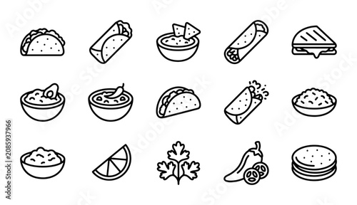 Mexican Food Icons Set, Taco, Burrito, Guacamole, Chili Pepper, Lime Vector Graphics