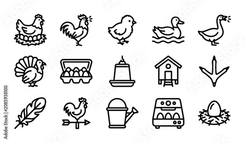 Farm Poultry Icons Set, Chicken, Rooster, Duck, Goose, Turkey, Hatchery, Nest, Feather, Weather Vane, Watering Can, Footprint