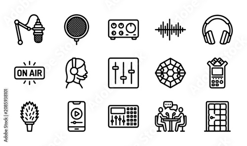 Audio Recording Icons Set, Podcast Studio Equipment, Sound Production Symbols, Music Technology Graphics